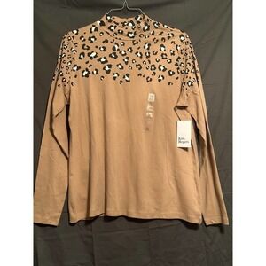 Kim Rogers Tan Leopard Print Mock Long Sleeve Shirt